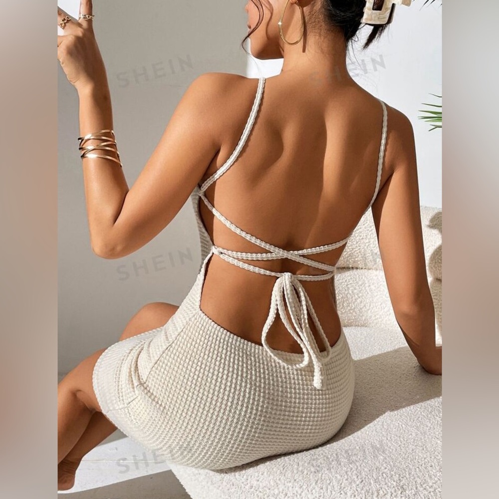 Waffle Knit Backless Bodycon Dress - size XS